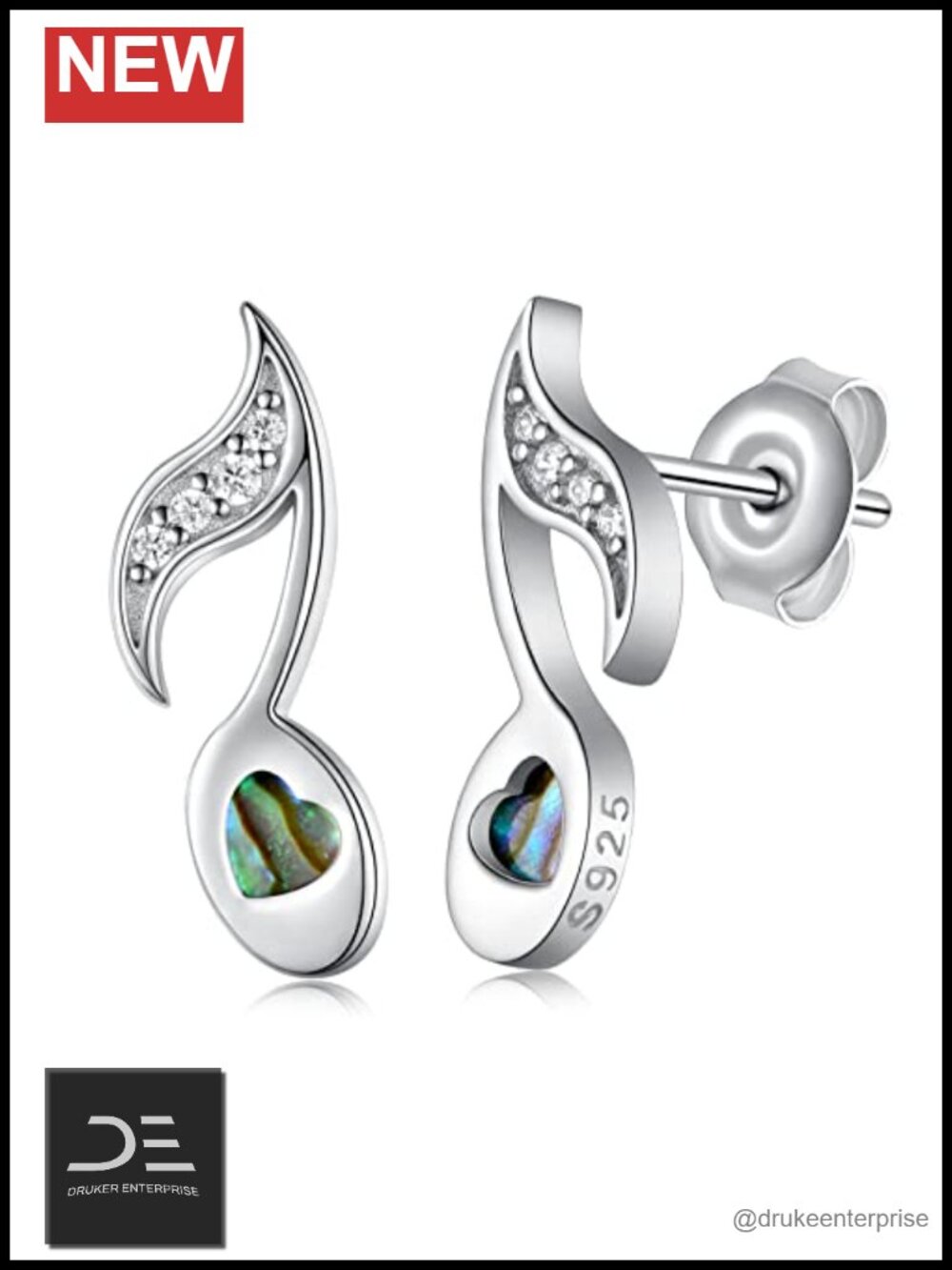 925 Sterling Silver Music Note Stud Earrings with Abalone Heart Gift